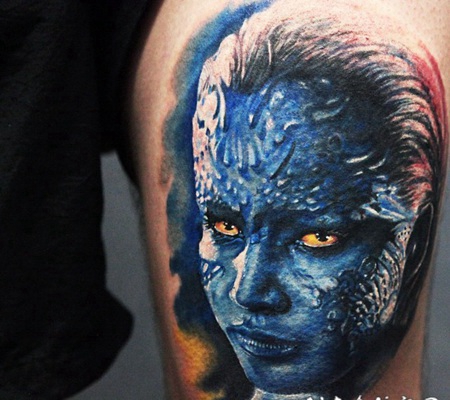 大腿X战警的女反派肖像纹身图案