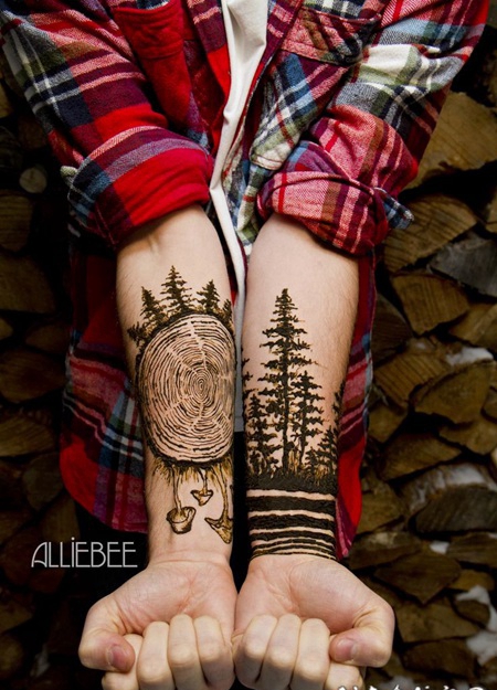 手臂惊人的森林和大树年轮黑色纹身图案