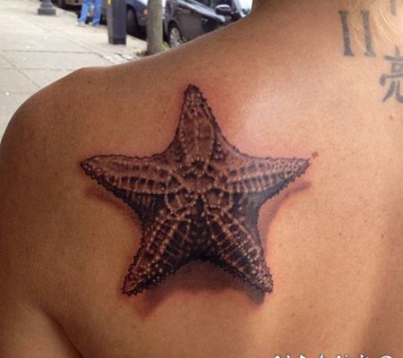 背部3D黑白海星纹身图案