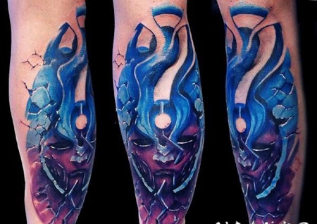 手臂插画风格的彩色幻想外星人纹身图案