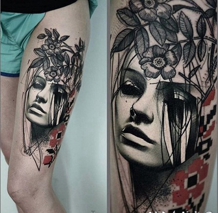 大腿抽象风格的神秘女人肖像纹身图案
