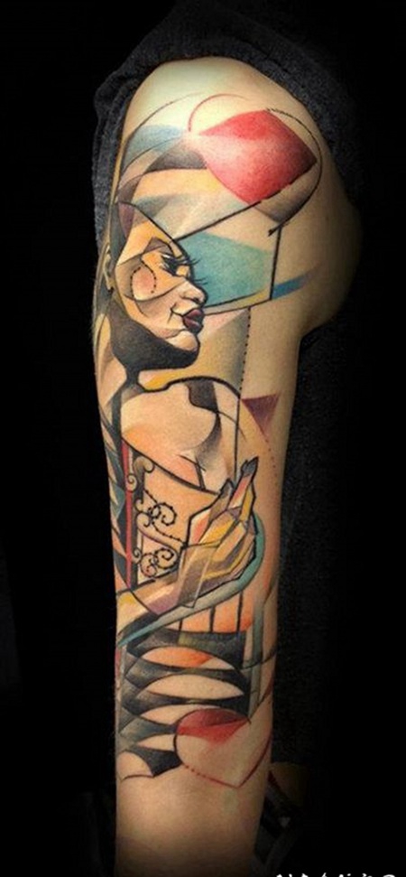 抽象风格人物与气球手臂纹身图案