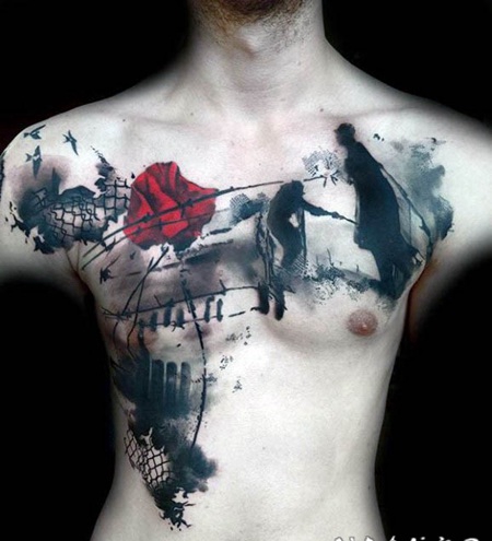 胸部抽象风格的彩色花朵和人像纹身图案