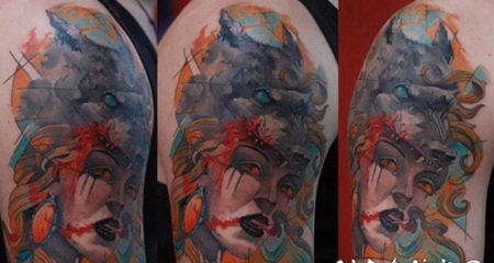 old school手臂女巫与狼头盔彩色纹身图案