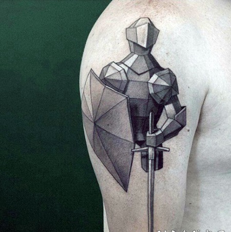 手臂抽象风格的黑白中世纪骑士纹身图案