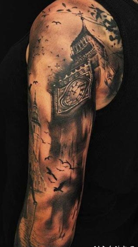 手臂抽象风格黑色旧钟楼和时钟纹身图案