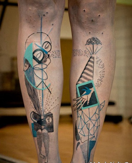 小腿抽象风格的彩色神秘几何纹身图案