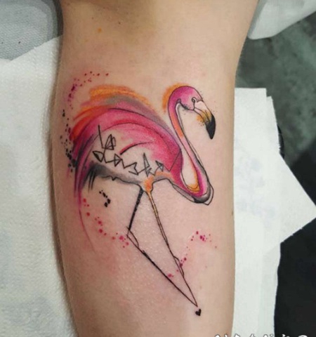 手臂彩色的火烈鸟与神秘符号纹身图案