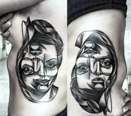 侧肋原始黑白抽象女性肖像纹身图案