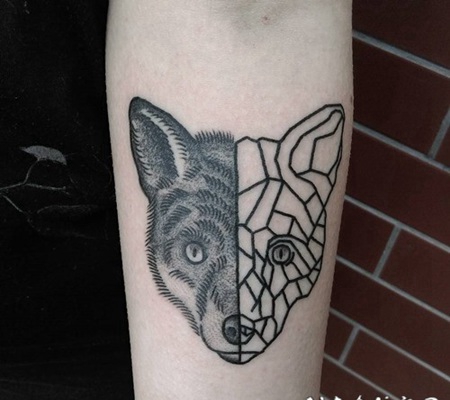 手臂奇异组合半真实半抽象狐狸纹身图案