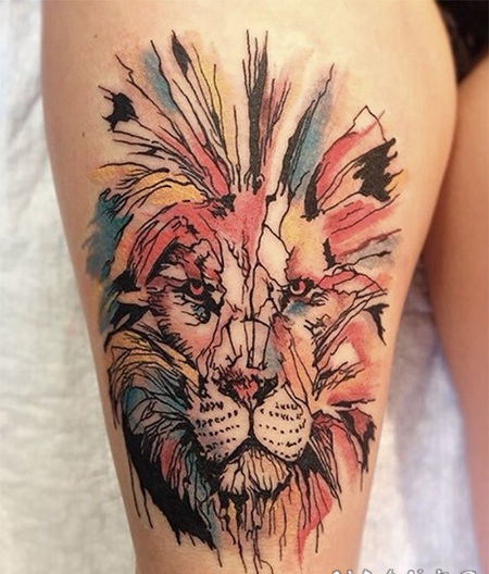 大腿惊人的抽象风格狮子纹身图案