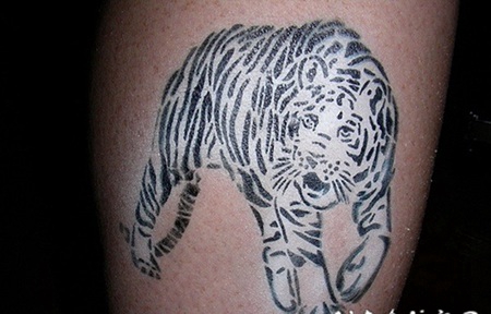 小腿个性精致的黑白老虎纹身图案