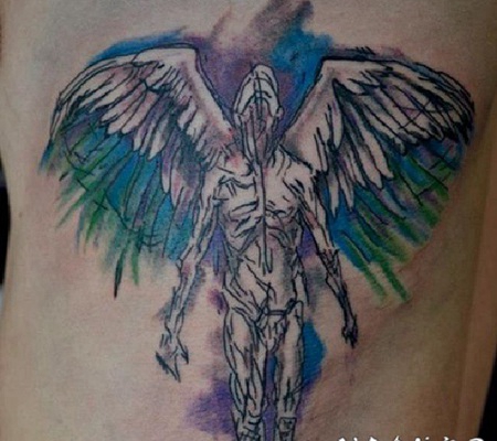 侧肋五彩水墨神秘天使纹身图案