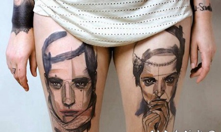 大腿抽象素描风格的男女肖像纹身图案