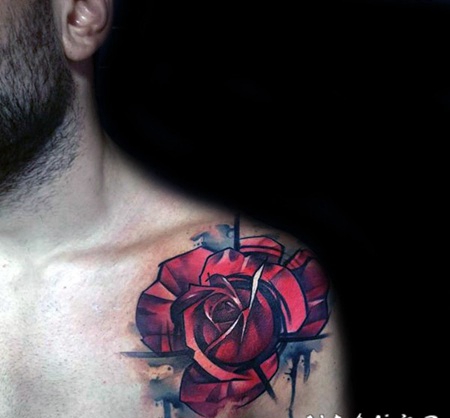 大臂好看的彩色大玫瑰纹身图案