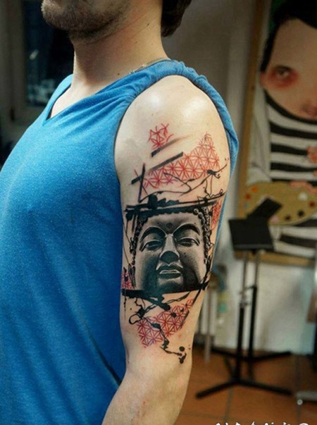 手臂抽象风格彩色如来佛祖雕像纹身图案