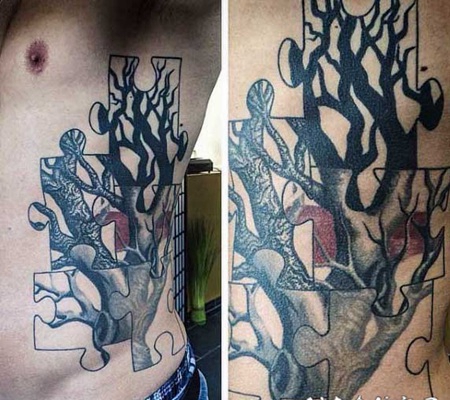 侧肋拼图风格的彩色树木纹身图案