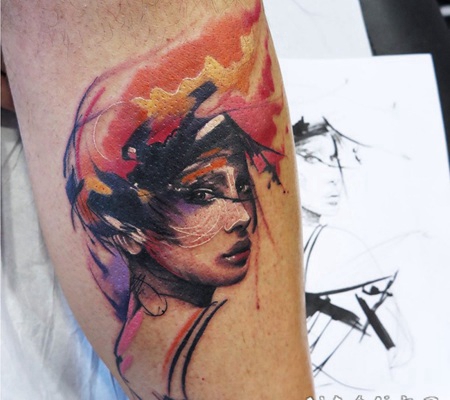 小腿抽象风格彩色美丽的女人脸纹身图案