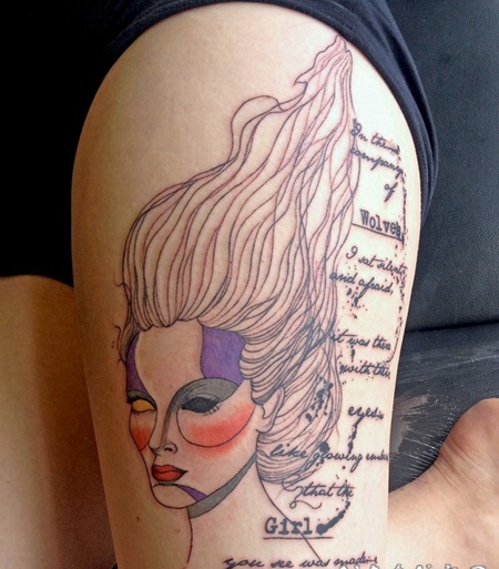 new school大腿彩色女人画像和字母纹身图案