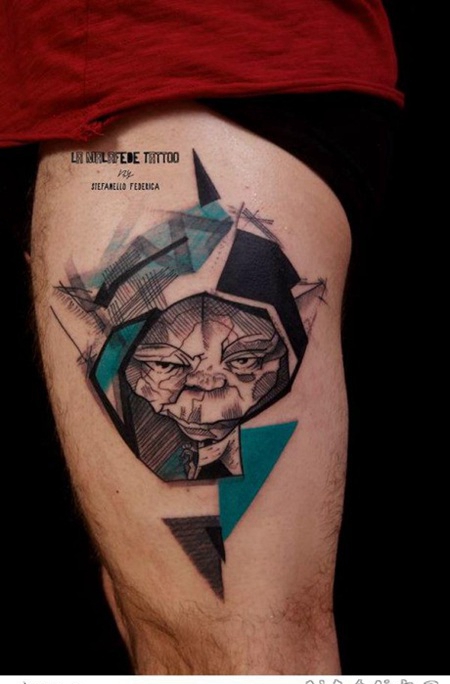 大腿抽象风格的黑色有趣的物和几何图形纹身图案