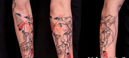 手臂抽象风格的彩色女性和几何纹身图案
