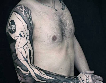 手臂令人难以置信的抽象风格黑白章鱼纹身图案