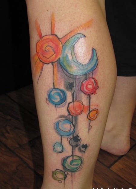 小腿抽象风格七彩太阳系纹身图案