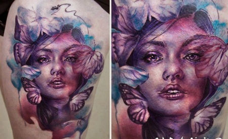 大腿壮观的彩色抽象风格女人与蝴蝶纹身图案