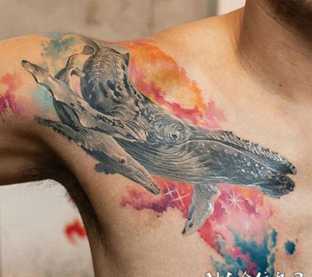 梦幻海洋，披肩鲸鱼水彩纹身
