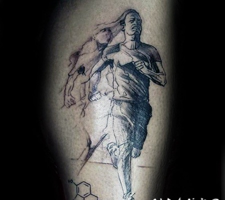 小腿抽象风格黑白跑步男子纹身图案