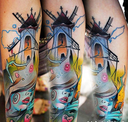 小臂抽象风格的彩色女人和风车纹身图案