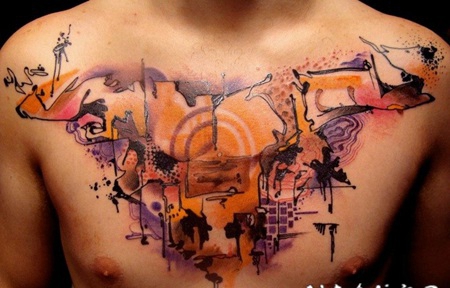 胸部抽象风格彩色装饰纹身图案