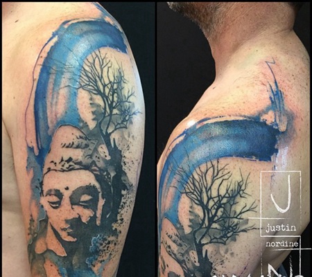 大臂抽象风格彩色如来佛祖雕像与树纹身图案