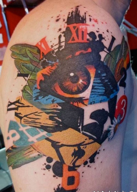 大臂抽象风格彩色的眼睛与时钟和树叶纹身图案