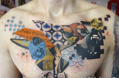 胸部抽象风格的各种符号与字母纹身图案