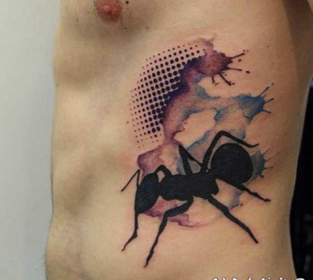 侧肋抽象风格的彩色蚂蚁泼墨纹身图案