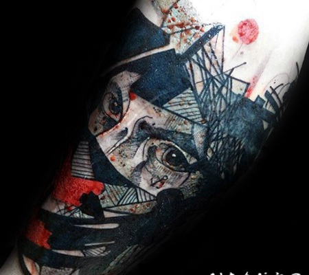 小腿抽象风格彩色的神秘男子纹身图案