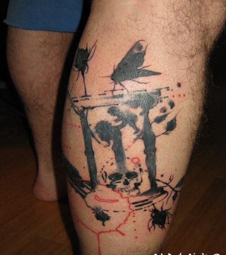 小腿抽象风格沙漏与骷髅和昆虫纹身图案