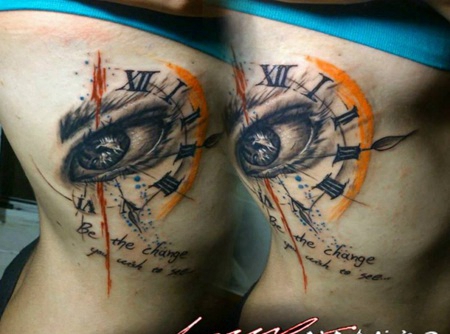 抽象风格的彩色眼睛与时钟纹身图案