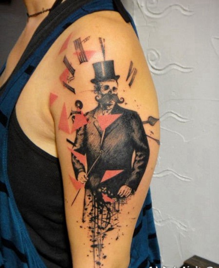 手臂抽象风格的彩色绅士与时钟纹身图案