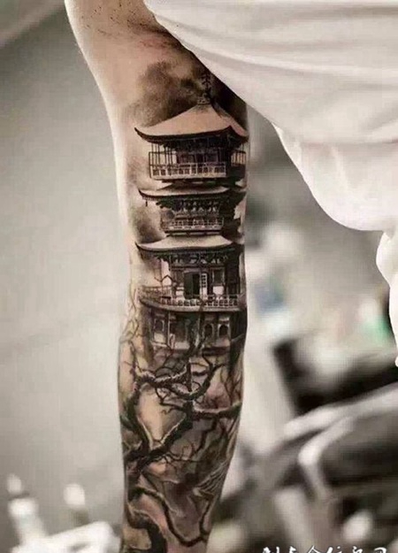 亭台楼阁，手臂个性水墨山水纹身团