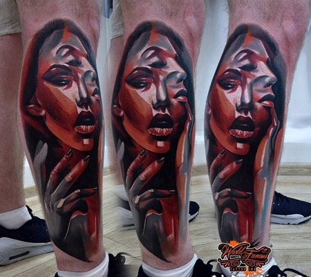 小腿抽象风格彩色有趣的女人脸纹身图案