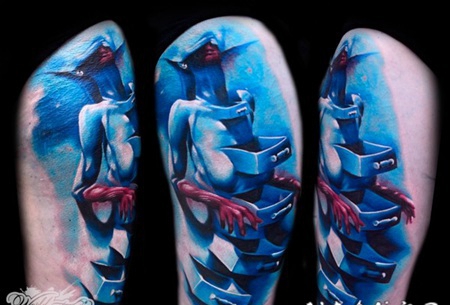 手臂抽象风格的彩色幻想怪物与抽屉纹身图案