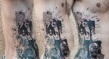 侧肋彩色的房子和字母纹身图案