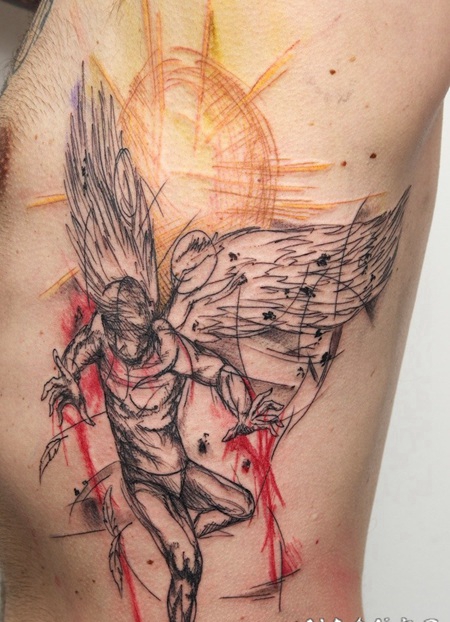 侧肋抽象风格的太阳和伊卡洛斯彩色纹身图案