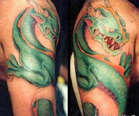 手臂3D绿色的蜥蜴龙纹身图案