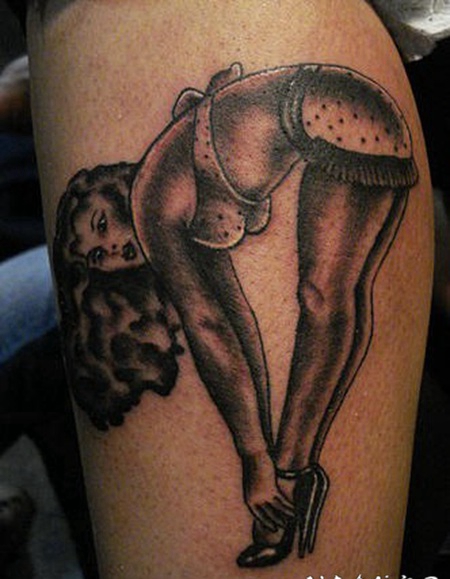 小腿个性3D手绘性感女孩纹身图案