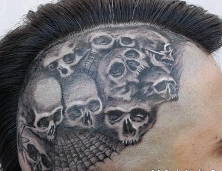 头部独特的黑白骷髅3D纹身图案