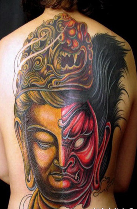 背部大型双面3D湿婆印度教纹身图案