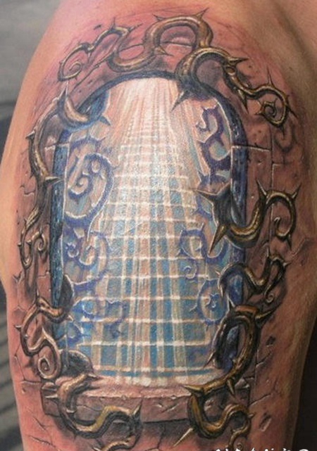 手臂彩色的3D楼梯纹身图案